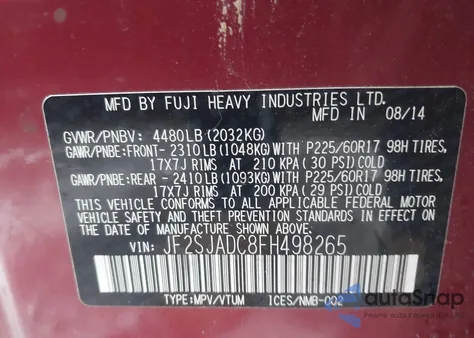 2015 Subaru Forester 2.5I Premium from USA, damaged, VIN JF2SJADC8FH498265